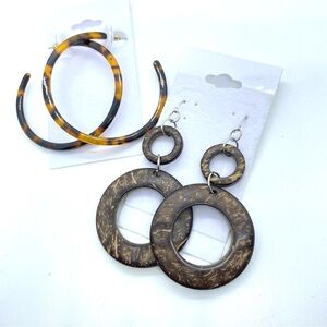 Boho Earrings Bundle Of Two Pairs Coconut Shell Dangle Faux Tortoise Shell Hooks